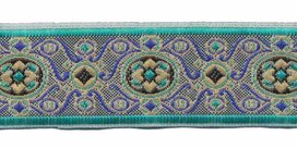 Jacquard/barok stijl sierband turquoise-blauw-zand-zwart 25 mm (ca. 22 m)