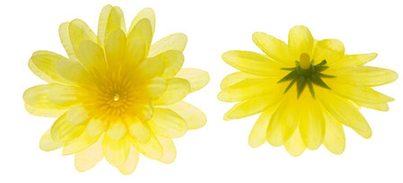 Gerbera NEON geel stof klein ca. 6,5 cm (10 stuks) - voor- en achterzijde