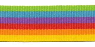 Geel-oranje-fuchsia-paars-licht blauw-gifgroen streep grosgrain/ribsband 25 mm (ca. 45 m)