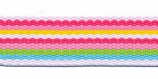Wit-fuchsia-roze-geel-groen-blauw streep tassenband ca. 25 mm (ca. 45 m)