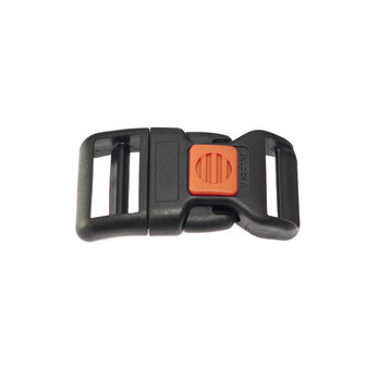 Gebogen verstelbare klikgesp zwart kunststof met oranje (rechth.) veiligheidssluiting 25 mm (10, 50, 100, ... stuks)