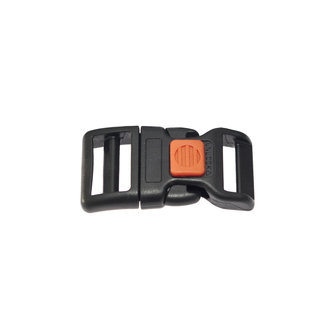 Gebogen verstelbare klikgesp zwart kunststof met oranje (rechth.) veiligheidssluiting 20 mm (10, 50, 100, ... stuks)
