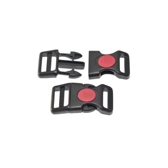 Adjustable curved safety side release buckle black plastic with red (round) center-lock 15 mm (10, 50, 100, ... pieces)