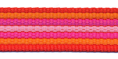 Tassenband 25 mm streep rood/oranje/fuchsia/roze EXTRA STEVIG (ca. 5 m)