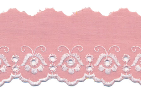 Broderie oud roze polykatoen met witte stiksels 50 mm #1303 (ca. 13,5 m)