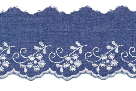 Broderie denim polykatoen met witte stiksels 50 mm #1302 (ca. 13,5 m)