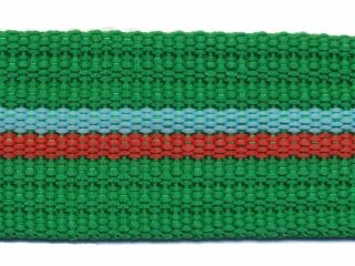 Tassenband 38 mm streep groen/aqua/rood EXTRA STEVIG (ca. 5 m)