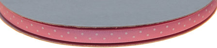 Licht roze dubbelzijdig satijnband met witte stippen 7 mm (ca. 30 m)