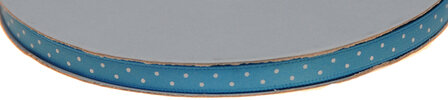 Licht blauw dubbelzijdig satijnband met witte stippen 7 mm (ca. 30 m)