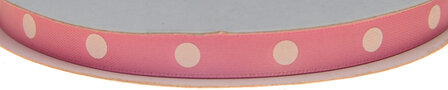 Licht roze dubbelzijdig satijnband met grote witte stippen 10 mm (ca. 30 m)