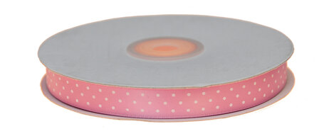 Licht roze dubbelzijdig satijnband met witte stippen 13 mm (ca. 30 m)