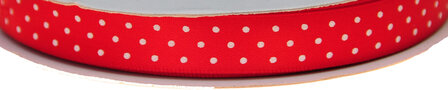 Rood dubbelzijdig satijnband met witte stippen 13 mm (ca. 30 m)