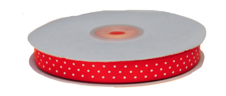 Rood dubbelzijdig satijnband met witte stippen 13 mm (ca. 30 m)