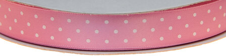 Licht roze dubbelzijdig satijnband met witte stippen 15 mm (ca. 30 m)