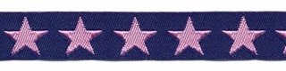 Donker blauw sierband met roze sterren 2-zijdig 12 mm (ca. 22 m)