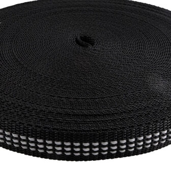 Tassenband 20 mm zwart met 3 reflecterende strepen 1,3 mm dik (25 m)