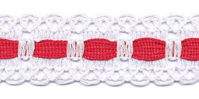 Wit kant met rood ingevlochten bandje 25 mm (ca. 16 meter)