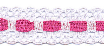 Wit kant met fuchsia ingevlochten bandje 25 mm (ca. 16 meter)