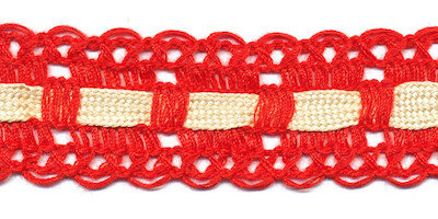 Rood kant met creme ingevlochten bandje 25 mm (ca. 16 meter)