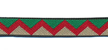 Sierband zig-zag motief groen-rood-zand 12 mm (ca. 22 m)