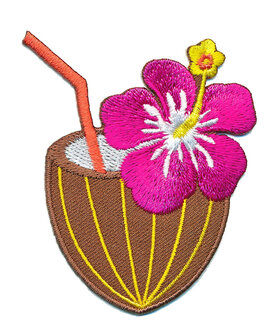 Opstrijkbare applicatie cocosnoot drankje met bloem bruin/fuchsia (5 stuks)