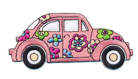 Opstrijkbare applicatie &#039;VW Kever&#039; flower power roze (5 stuks)