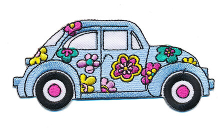 Opstrijkbare applicatie &#039;VW Kever&#039; flower power licht blauw (5 stuks)