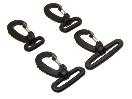 Overzicht musketonhaken zwart kunststof met metalen veer - draaibaar 20, 25, 38 en 50 mm
