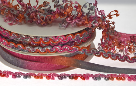 Elastisch band met multicolor mini kwastjes roze-meloen-grijs - set