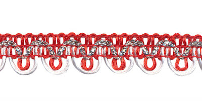 2-kleurig schulpband rood-wit met zilverdraad 15 mm (ca. 16 meter)