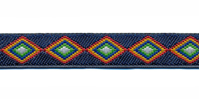 Sierband denim stijl wyber blauw-rood-geel-blauw-groen-wit 12 mm (ca. 22 m)