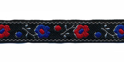 Zwart bloemband met kobalt blauwe en rode bloemen en zilveren sierrand 12 mm (ca. 22 m)