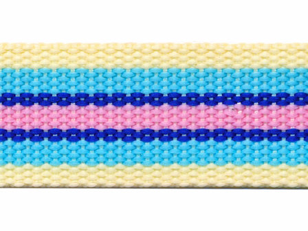 Tassenband 30 mm streep zacht geel/lichtblauw/kobalt blauw/roze (ca. 5 m)