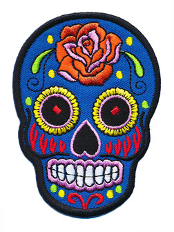 Opstrijkbare applicatie sugar skull blauw groot (5 stuks)