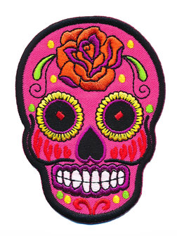 Opstrijkbare applicatie sugar skull fuchsia groot (5 stuks)