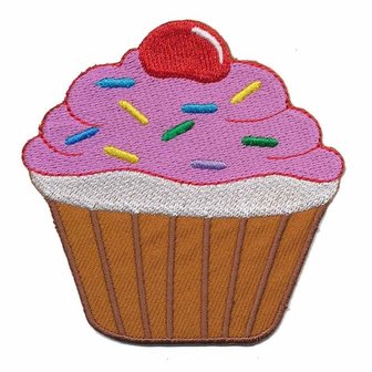 Opstrijkbare applicatie cupcake bruin-roze (1 stuk)