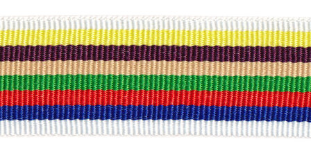 Wit-geel-bruin-zand-groen-rood-blauw-wit grosgrainband 25 mm (ca. 45 m)