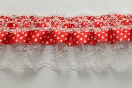 Roezel kant rood met witte polkadot 50 mm (ca. 10 meter)