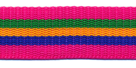 Tassenband 25 mm streep fuchsia/groen/geel/blauw (ca. 5 m)