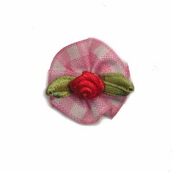 Roosje satijn rood op roze geruit blad 25 mm (10 stuks)