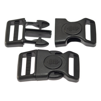 Adjustable curved safety side release buckle black plastic with black (round) center-lock 25 mm (10, 50, 100, ... pieces)