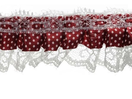 Roezel kant wit-bordeaux rood met polkadot 50 mm (ca. 10 meter)