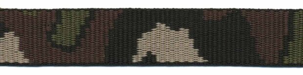 Tassenband 25 mm camouflageprint zwart/bruin/groen dubbelzijdig (ca. 5 m)