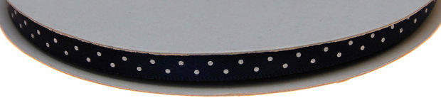 Donker blauw dubbelzijdig satijnband met witte stippen 7 mm (ca. 30 m)
