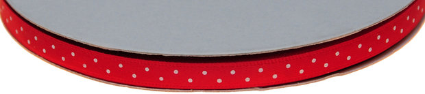Rood dubbelzijdig satijnband met witte stippen 7 mm (ca. 30 m)