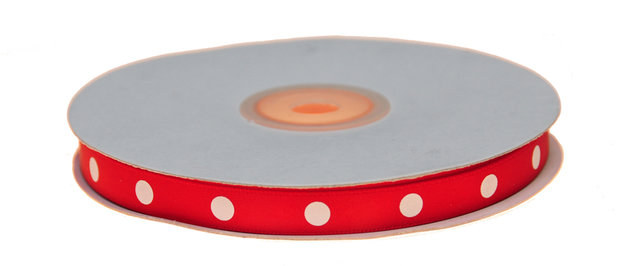 Rood dubbelzijdig satijnband met grote witte stippen 10 mm (ca. 30 m)