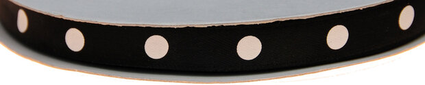 Zwart dubbelzijdig satijnband met grote witte stippen 10 mm (ca. 30 m)