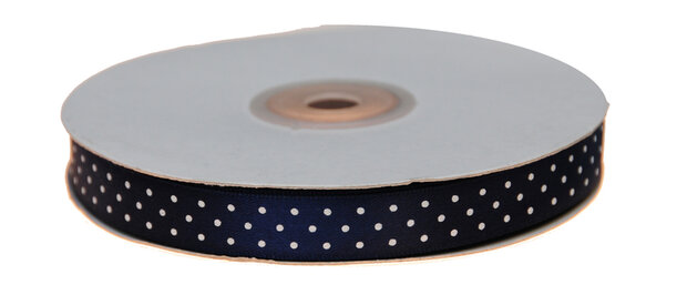Donker blauw dubbelzijdig satijnband met witte stippen 13 mm (ca. 30 m)