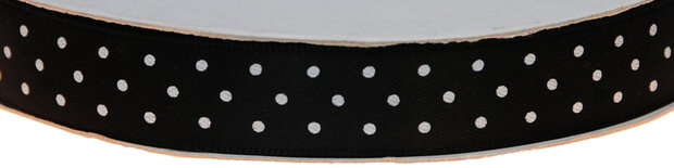 Zwart dubbelzijdig satijnband met witte stippen 15 mm (ca. 30 m)