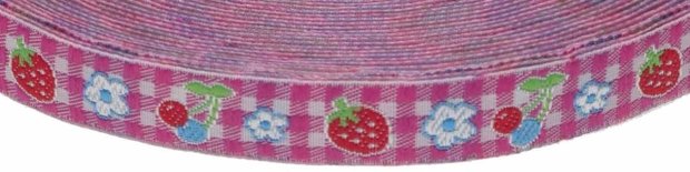 Fuchsia-wit geruit band met aardbei, kers en bloemetje 12 mm (ca. 22 m)